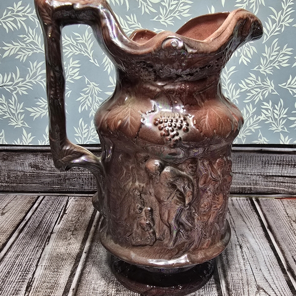 Cherub Grapes Relief PITCHER Signed Brown Iridescent with Minions Vintage
